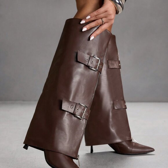 Rust Brown Casual Women's Pointed Toe Knee-High Heeled Boots - Picture 5 of 10